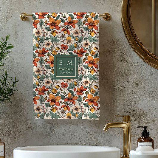 Trendy Autumn Garden Olive Rust Personalized Towel バスタオルセット