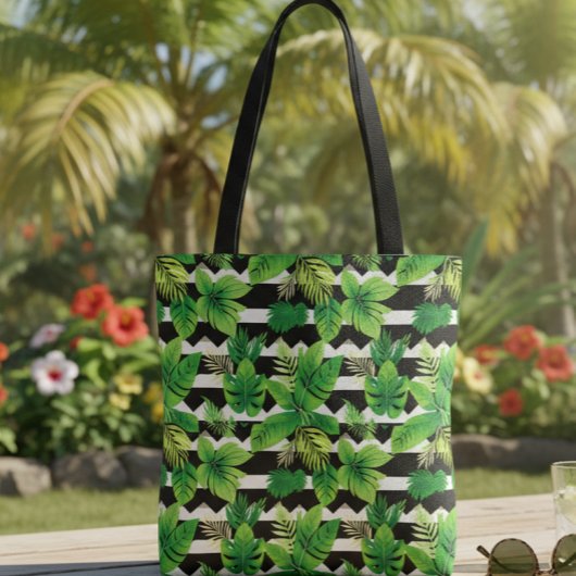 Trendy Bag with Green Leaves and Striped Details トートバッグ