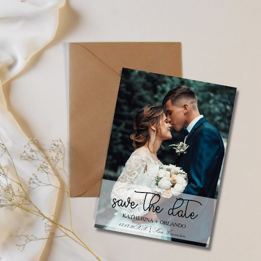 Trendy Black and White Full Photo Art Wedding セーブザデート