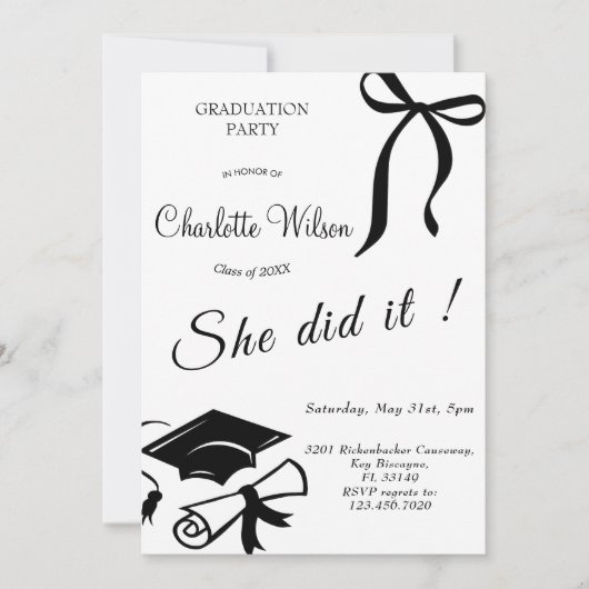 Trendy Black Bow Graduation Party Invitation 招待状 (正面)