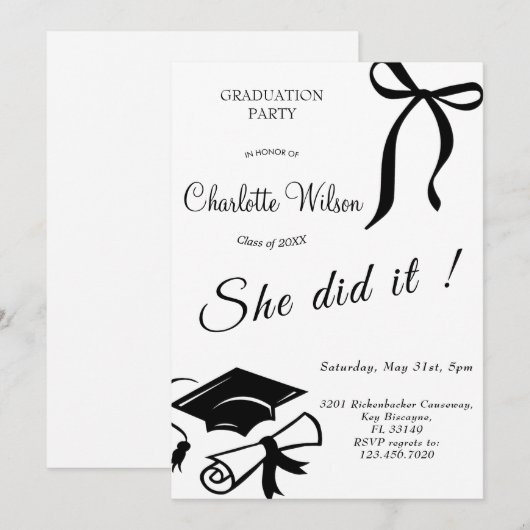 Trendy Black Bow Graduation Party Invitation 招待状 (正面/裏面)