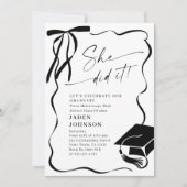 Trendy Black Bow Ribbon 4 PHOTO Graduation Party 招待状 (正面)