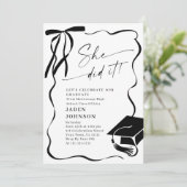 Trendy Black Bow Ribbon 4 PHOTO Graduation Party 招待状 (スタンド正面)