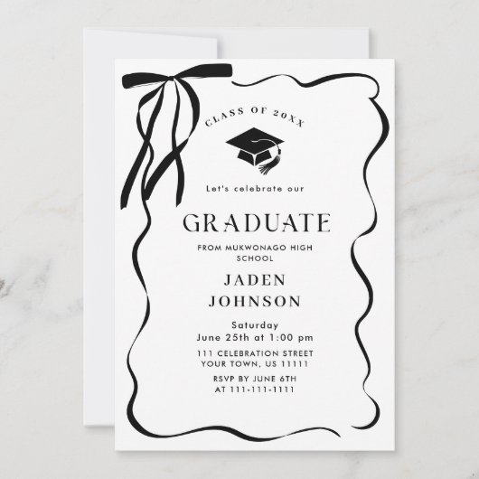 Trendy Black Bow Ribbon 4 PHOTO Graduation Party 招待状 (正面)