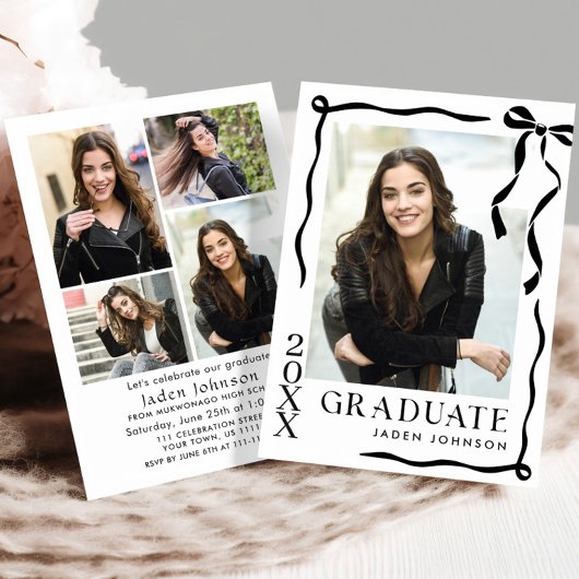 Trendy Black Bow Ribbon 5 PHOTO Graduation Party 招待状