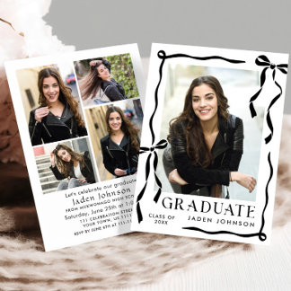 Trendy Black Bow Ribbon 5 PHOTO Graduation Party 招待状