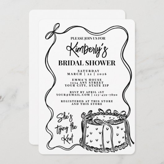 Trendy Black Bow Shes Tying The Knot Bridal Shower 招待状 (正面/裏面)