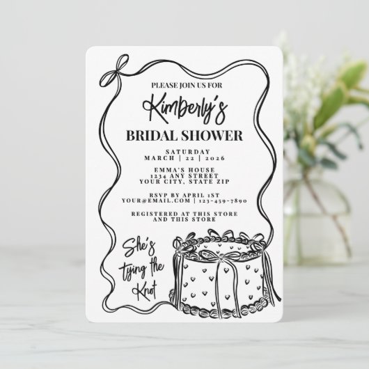 Trendy Black Bow Shes Tying The Knot Bridal Shower 招待状 (スタンド正面)