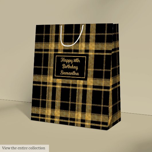 Trendy Black Gold Glitter 50th Birthday Gift Bag ミディアムペーパーバッグ