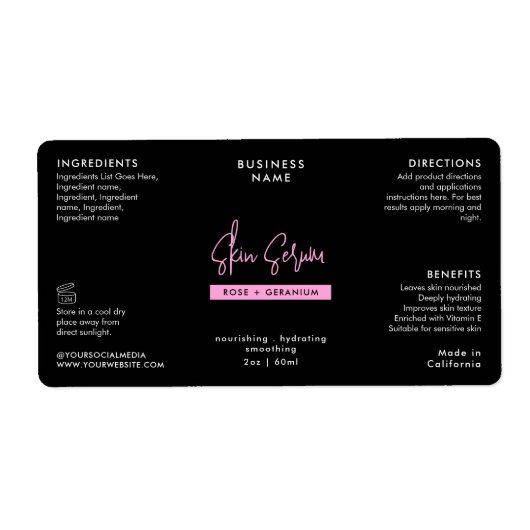 Trendy Black & Pink 2 OZ Dropper Bottle Label ラベル (正面)