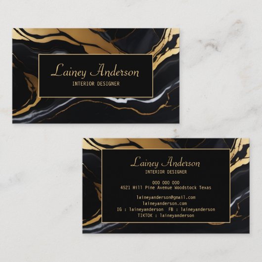 Trendy Black yellow Gold faux marble 名刺 (正面/裏面)