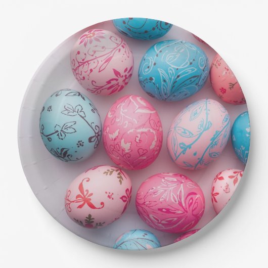 Trendy Blue and Pink Easter Eggs Pattern Paper ペーパープレート (正面)