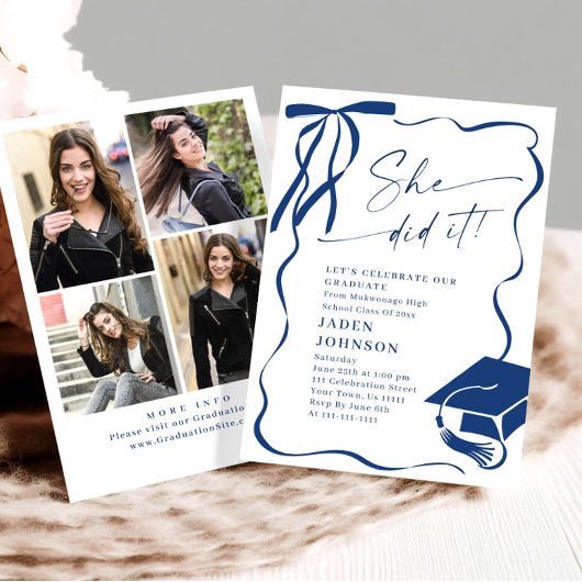 Trendy Blue Bow Ribbon 4 PHOTO Graduation Party 招待状