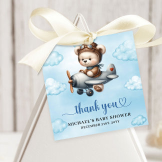 Trendy Blue Brown Teddy Bear Aviator Baby Shower フェイバータグ