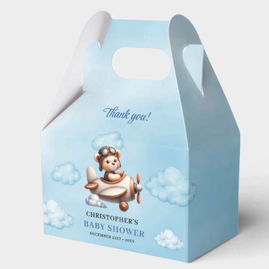 Trendy Blue Brown Teddy Bear Pilot Baby Shower Box フェイバーボックス