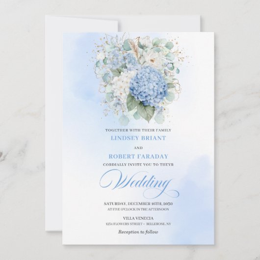 Trendy Blue Hydrangea Gold Flowers Wedding Invite 招待状 (正面)