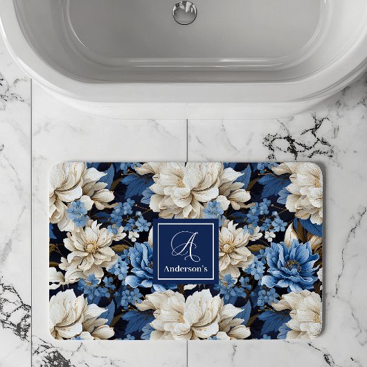 Trendy Blue Ivory Flowers Personalized Bath Mat バスマット