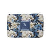 Trendy Blue Ivory Flowers Personalized Bath Mat バスマット (正面)