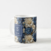 Trendy Blue Ivory Flowers Personalized Coffee Mug コーヒーマグカップ (正面左)