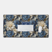 Trendy Blue Ivory Flowers Personalized Desk Mat デスクマット (キーボード&マウス)