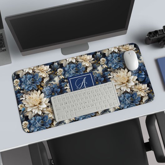Trendy Blue Ivory Flowers Personalized Desk Mat デスクマット