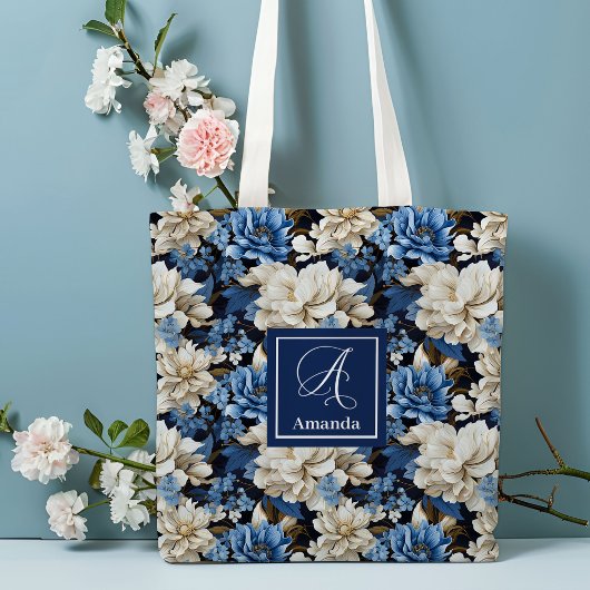Trendy Blue Ivory Flowers Personalized Tote Bag トートバッグ
