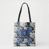 Trendy Blue Ivory Flowers Personalized Tote Bag トートバッグ (正面)