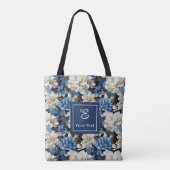 Trendy Blue Ivory Flowers Personalized Tote Bag トートバッグ (裏面)