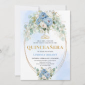 Trendy Blue Peony Gold Border 15th Birthday Invite 招待状 (正面)