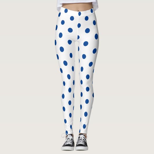 Trendy Blue Polka dot Pattern On White Retro  レギンス (正面)