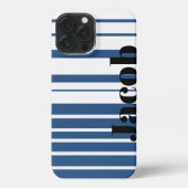 Trendy Blue Striped Custom Name iPhone Case iPhoneケース (裏面)