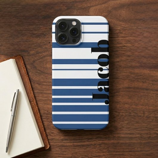Trendy Blue Striped Custom Name iPhone Case iPhoneケース