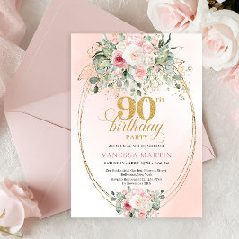 Trendy Blush Floral Gold Boho 90th Birthday Invite 招待状