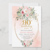 Trendy Blush Floral Gold Boho 90th Birthday Invite 招待状 (正面)