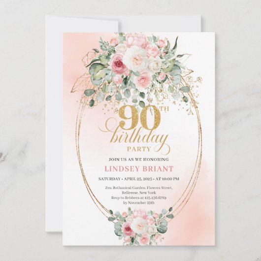 Trendy Blush Floral Gold Boho 90th Birthday Invite 招待状 (正面)