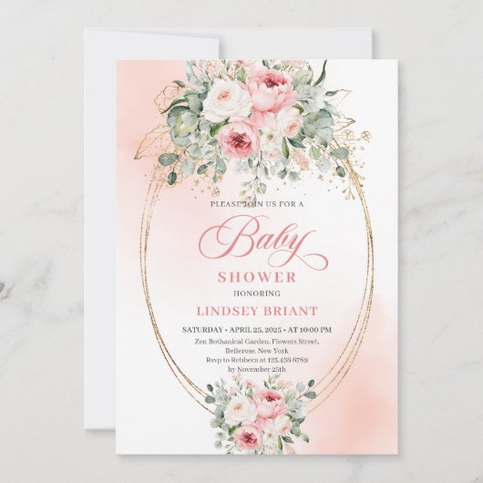 Trendy Blush Floral Greenery Baby Shower Invite 招待状 (正面)