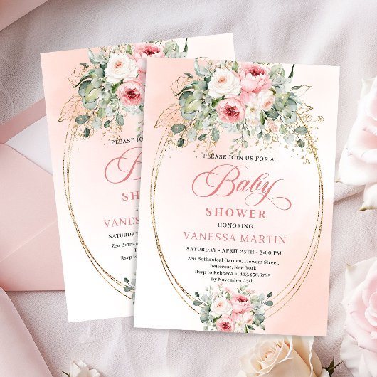 Trendy Blush Floral Greenery Baby Shower Invite 招待状