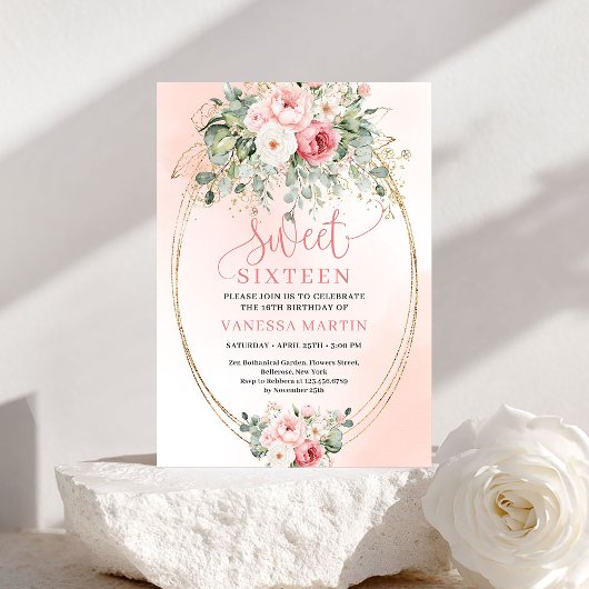 Trendy Blush Floral Sweet Sixteen Party Invitation 招待状