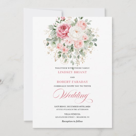 Trendy Blush Peony Botanical Gold Wedding Invite 招待状 (正面)