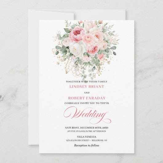 Trendy Blush Peony Gold Floral Wedding Invitation 招待状 (正面)