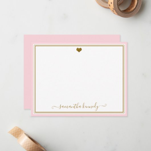 Trendy Blush Pink And Gold Heart Custom Name ノートカード (正面/裏面インサイチュ)