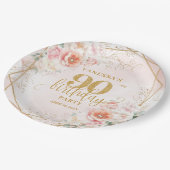 Trendy Blush Pink Floral Gold 90th Birthday  ペーパープレート (アングル)