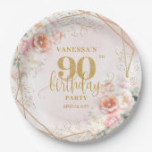Trendy Blush Pink Floral Gold 90th Birthday  ペーパープレート (正面)