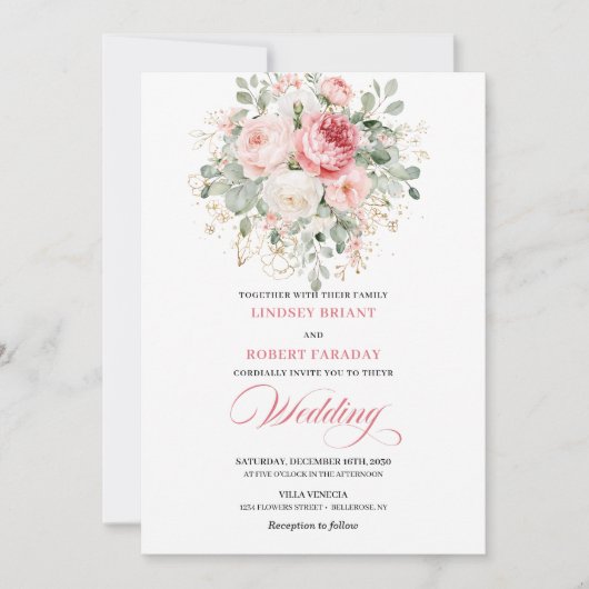 Trendy Blush Rose Gold Floral Wedding Invitation 招待状 (正面)