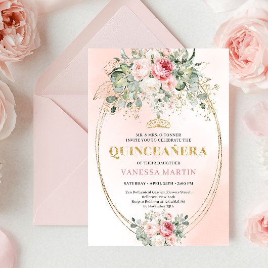 Trendy Bohemian Blush Floral Quinceañera Invitatio 招待状