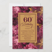 Trendy Boho 60 Birthday Burgundy Gold Watercolor   招待状 (正面)