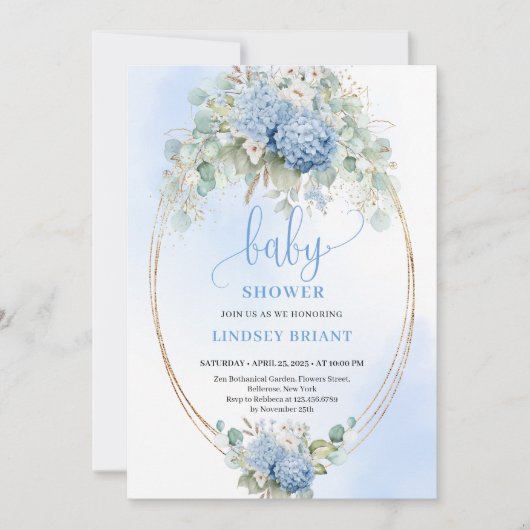 Trendy Boho Blue Floral Baby Shower Invitation 招待状 (正面)