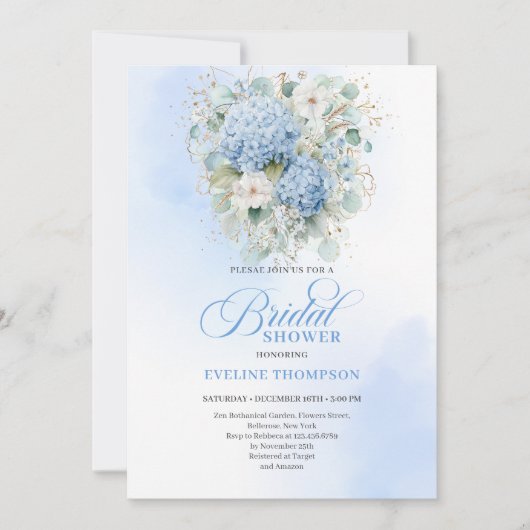 Trendy Boho Blue Floral Bridal Shower Invitation 招待状 (正面)