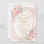 Trendy Boho Blush Pink Gold Floral Bridal Shower 招待状 (正面)