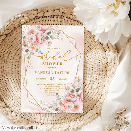 Trendy Boho Blush Pink Gold Floral Bridal Shower 招待状